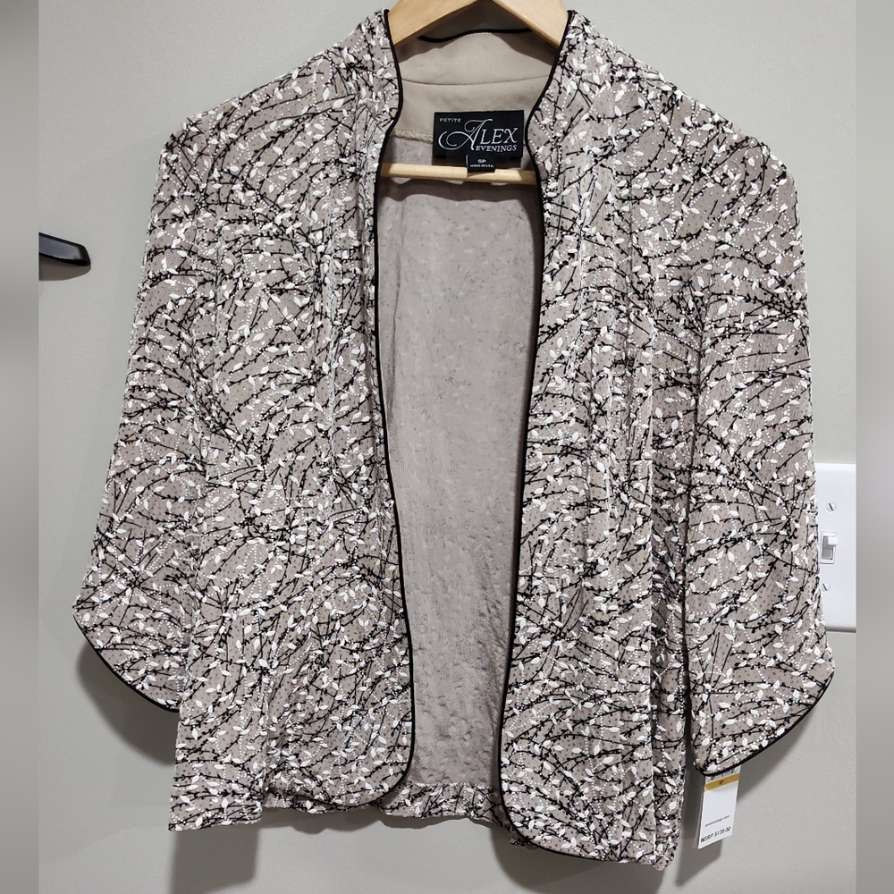 Alex Evenings Petite Women's Long Sleeve Tan Black Leaf Pattern Jacket Size SP